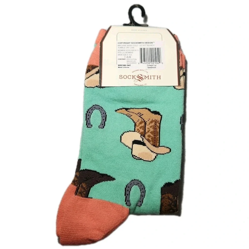 Socksmith Cowgirl Up Spearmint Graphic Cotton Crew Socks Western Boots Hat NEW